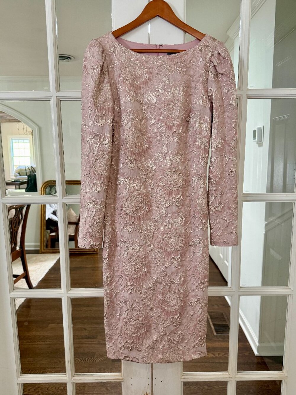 Theai Couture,Chic long sleeve dress with floral texture. Blush and gold tones.